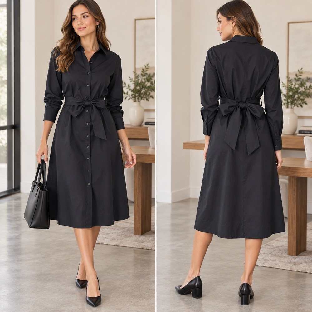 Black Label by Chicos Womens Black Cotton Poplin Belted Shirt Dress Size M